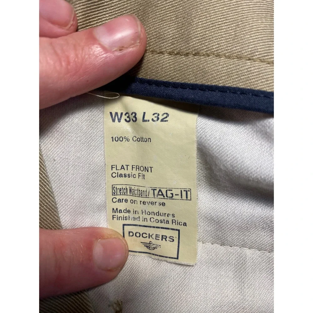 Dockers Classic Fit Khaki Pants 33x32 Flat Front Tan Cotton Chinos Casual